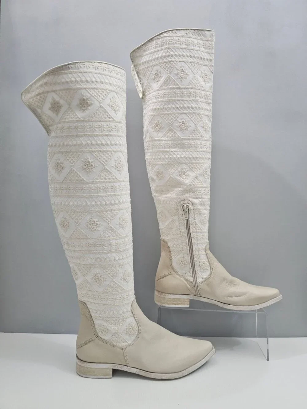 Free People Bren Knee High Boot Womens EU 37 Cream Embroidered Boho Slouchy